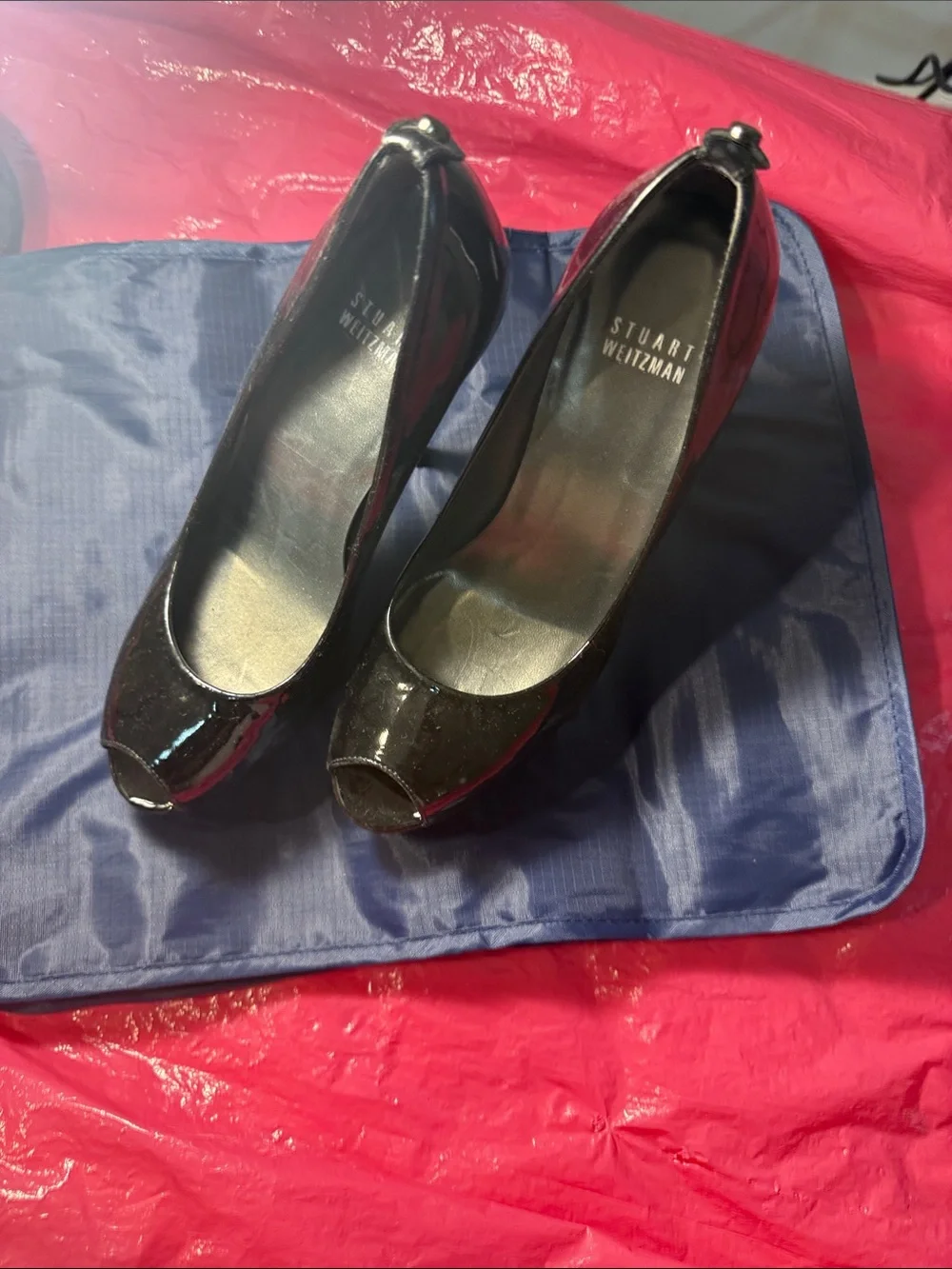 Stuart Weitzman Black Patent Peep-Toe Pumps